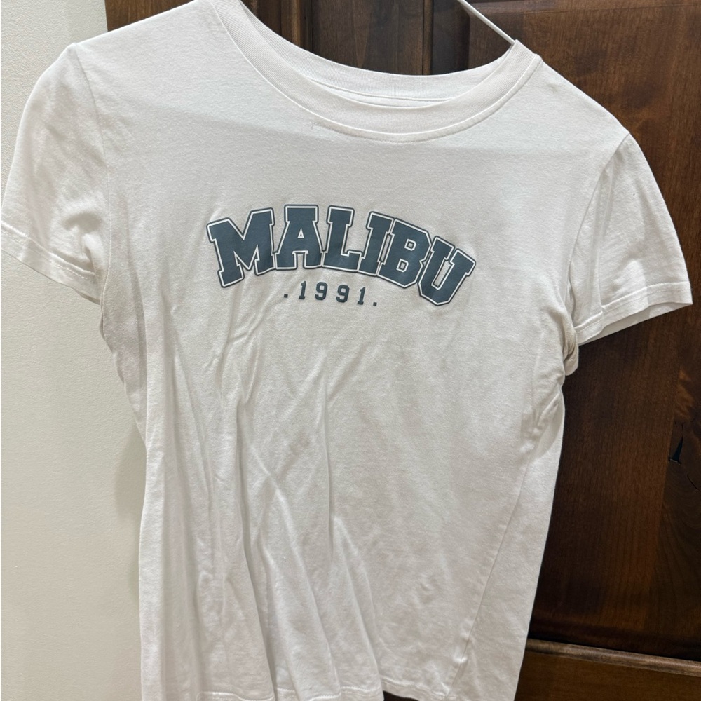 SHEIN White Tee with Blue "MALIBU 1991" Graphic